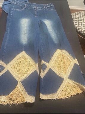 Jaded Gypsy new Women's Blue Wide-Leg Jeans with Cream Crochet Insets